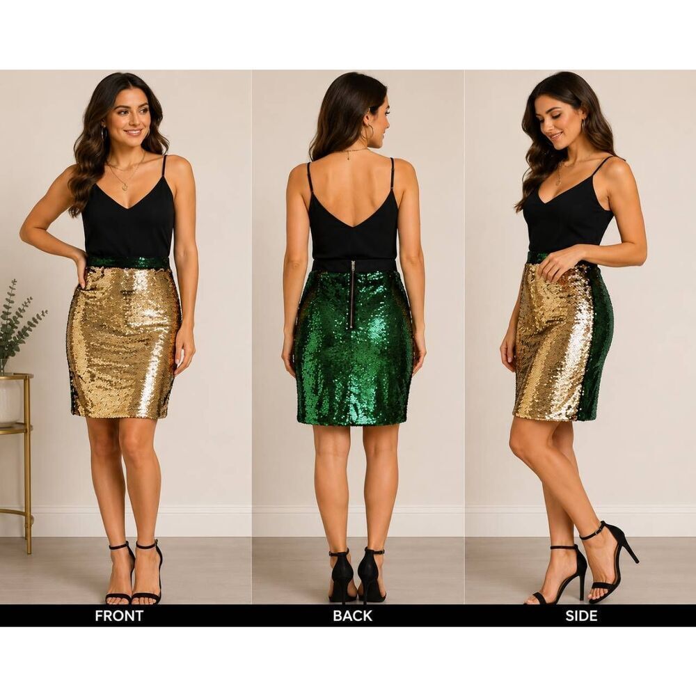 Mark XL Gold Green Flip Sequin Pencil Skirt Stretch Party Holiday Glam